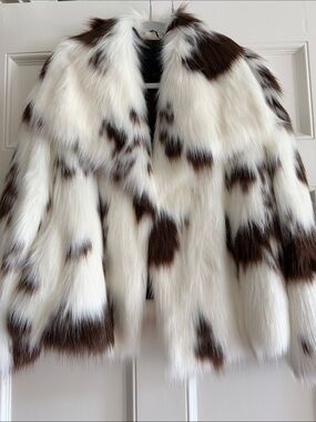 Zara White and Brown Spot Faux Fur Jacket